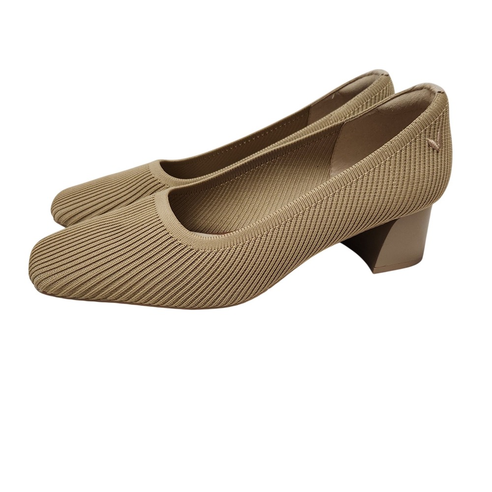 VIVAIA Margot Square Toe Chunky Block Heel Pumps Tan Beige Knit Shoes 39 US 8.5